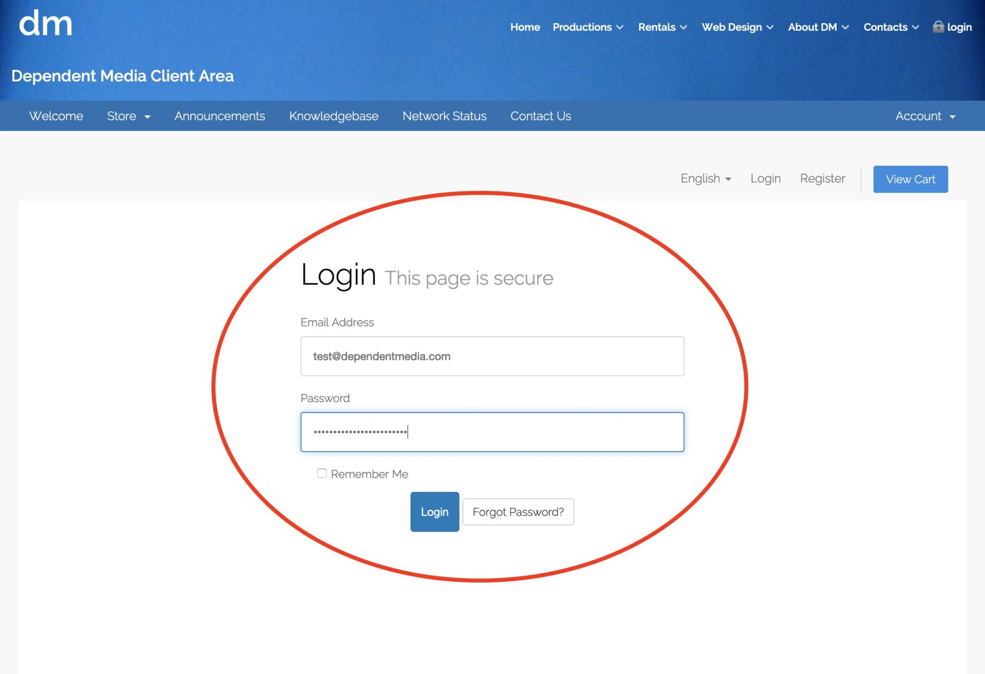 login page with the input area circled