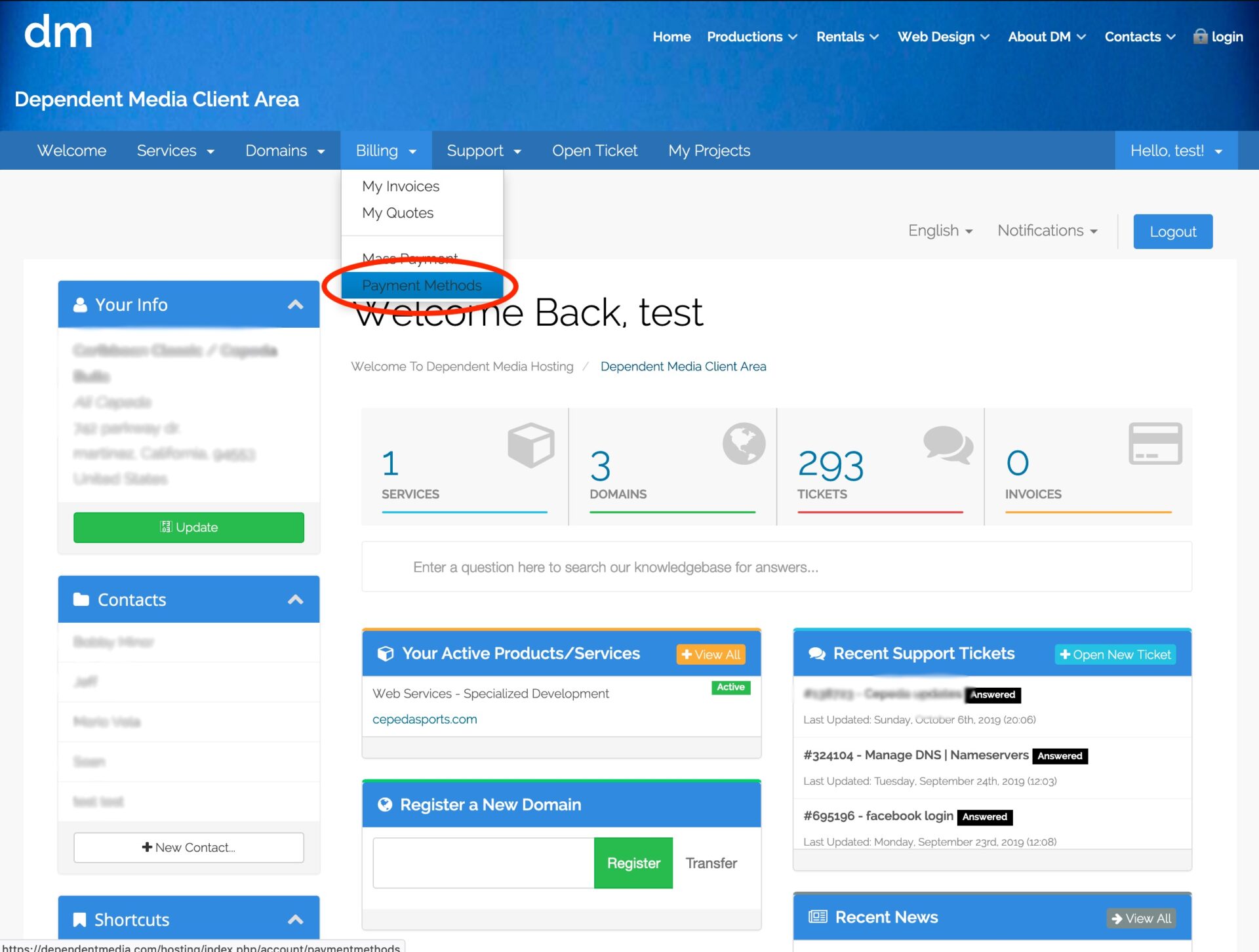 showing the billing dropdown with payment methods