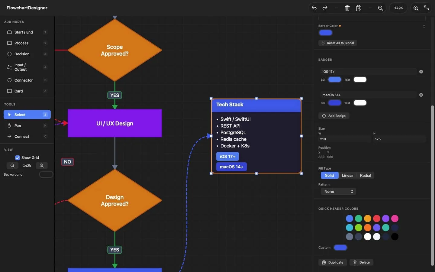 A decision node selected on the canvas with the node styling panel open