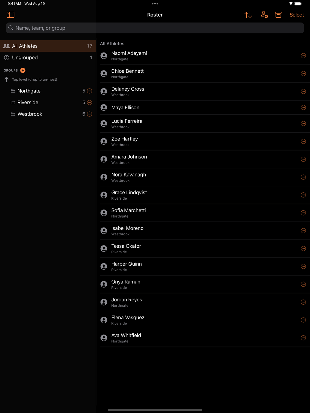 The DM Track Timer roster screen on an iPad, listing athletes grouped into three school teams