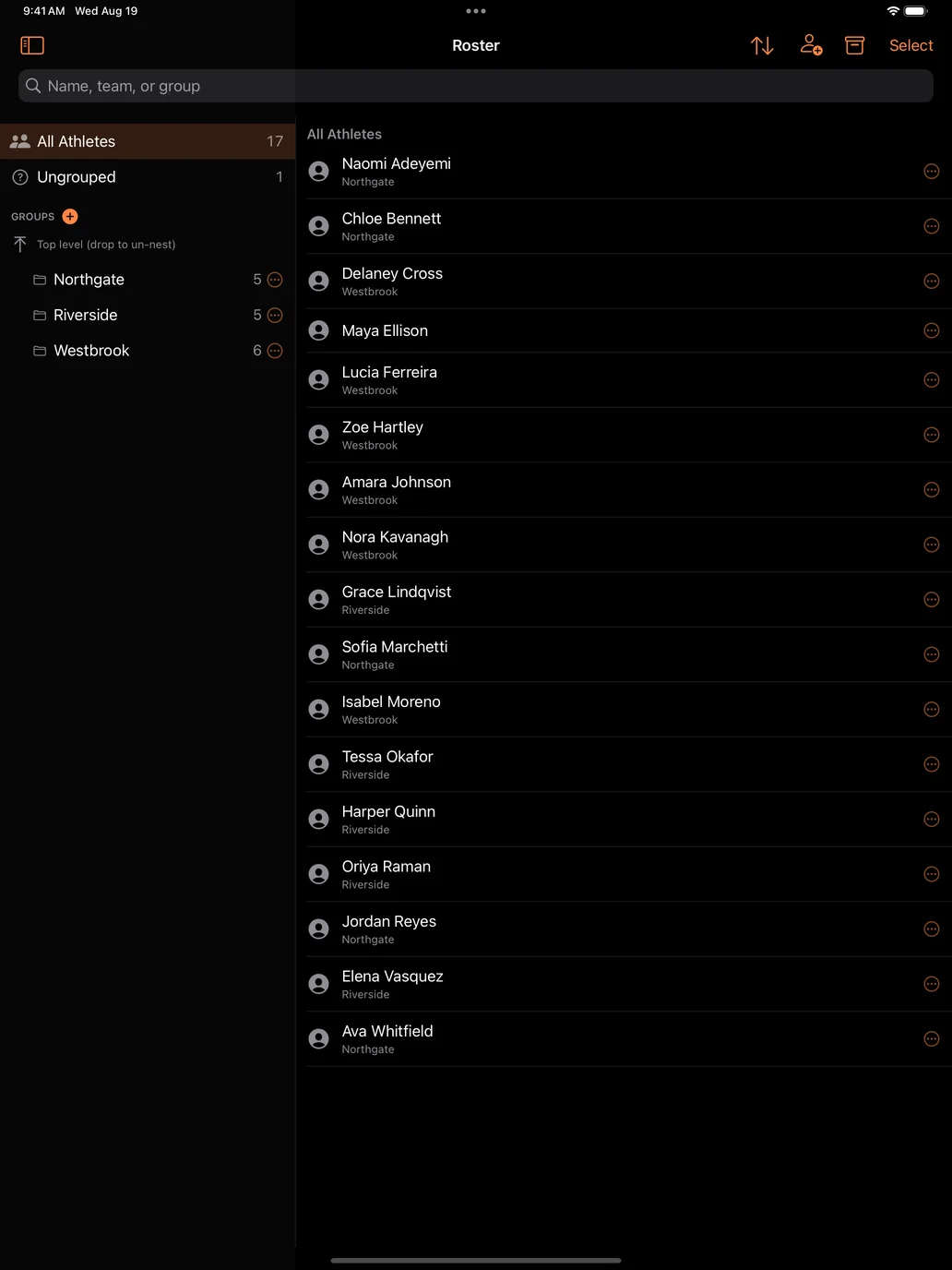 The DM Track Timer roster screen on an iPad, listing athletes grouped into three school teams