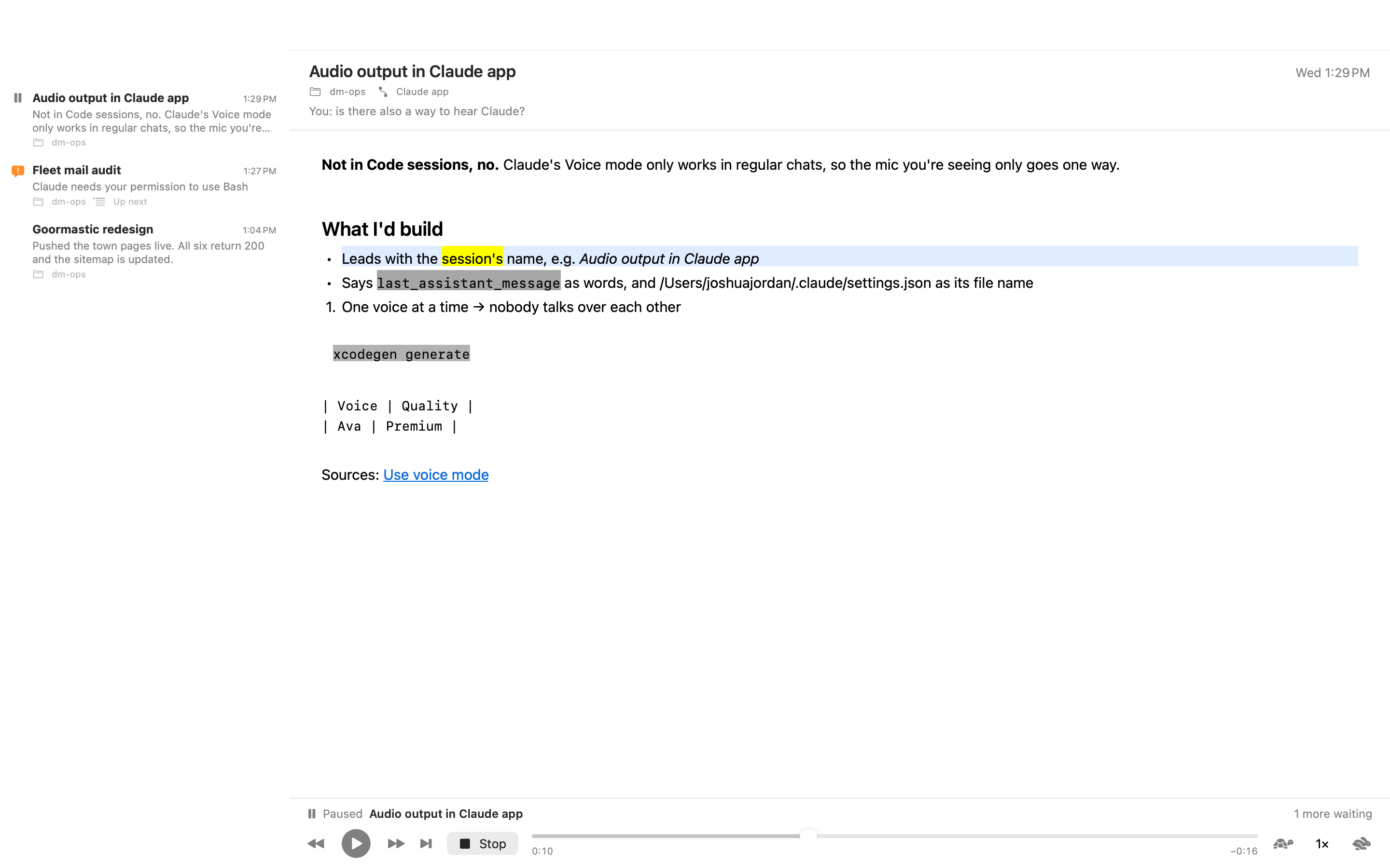 DM Read Aloud on a Mac, reading a Claude Code reply with the current word highlighted, the reply list beside it and playback controls below