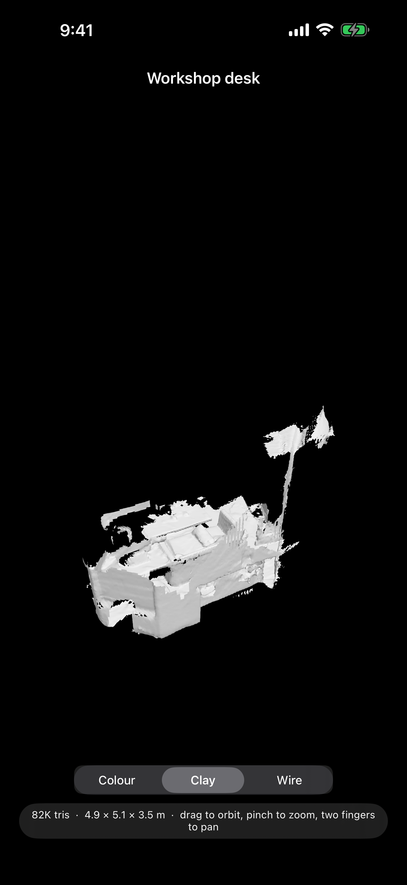 A saved scan viewed in DM Scanner 3D as bare clay, to judge the shape without colour