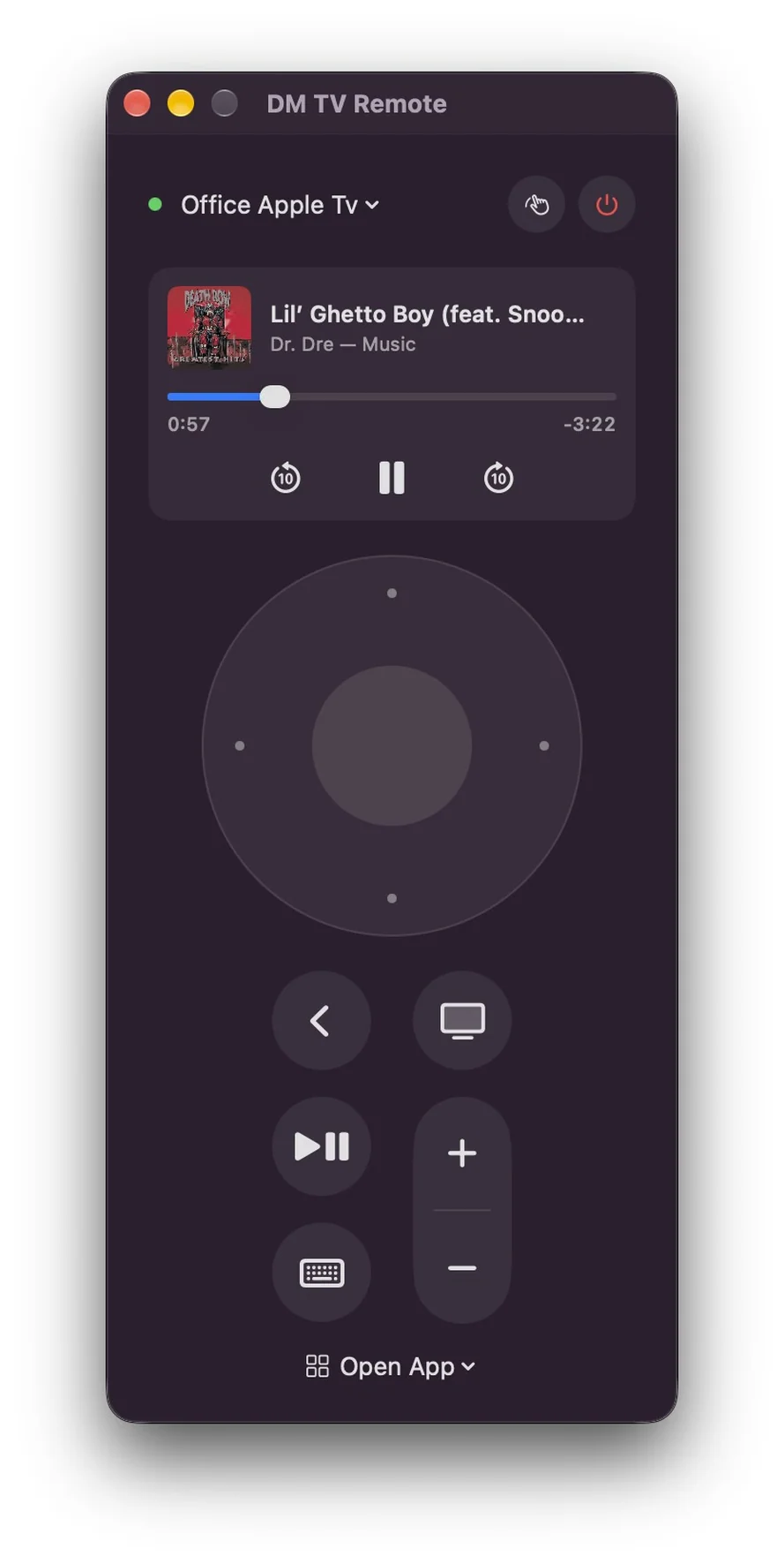 The DM TV Remote window on a Mac: a round clickpad, Back, TV, Play/Pause, volume and keyboard buttons, and an Open App menu, connected to an Apple TV