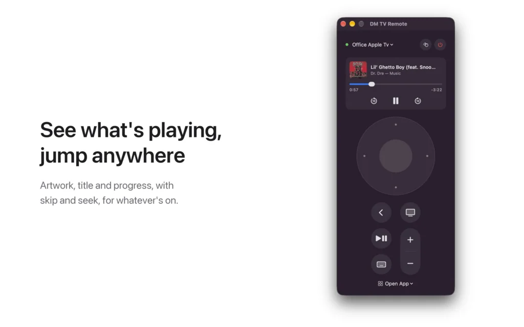 DM TV Remote showing a song playing on the Apple TV, with artwork, progress and skip buttons