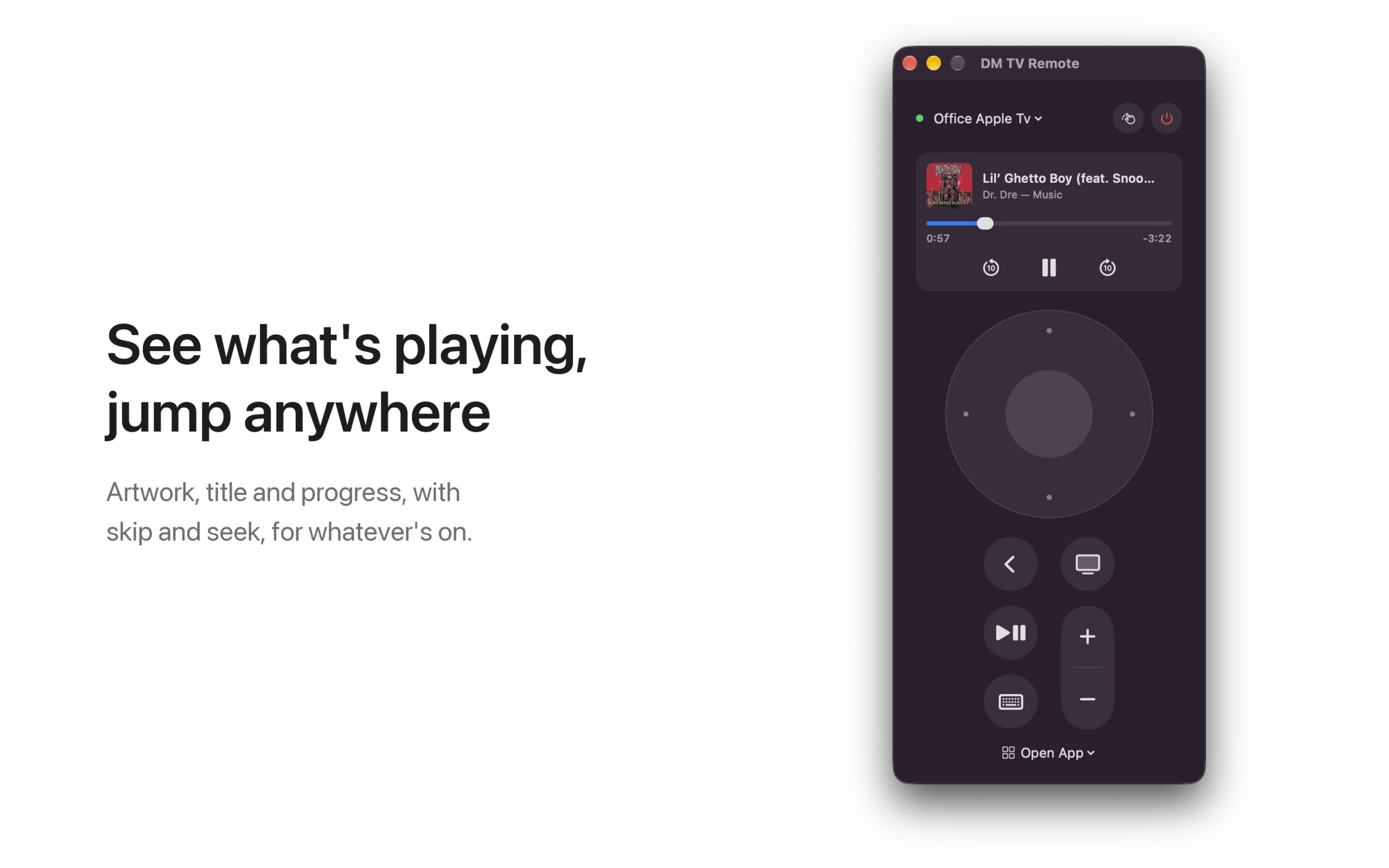 DM TV Remote showing a song playing on the Apple TV, with artwork, progress and skip buttons