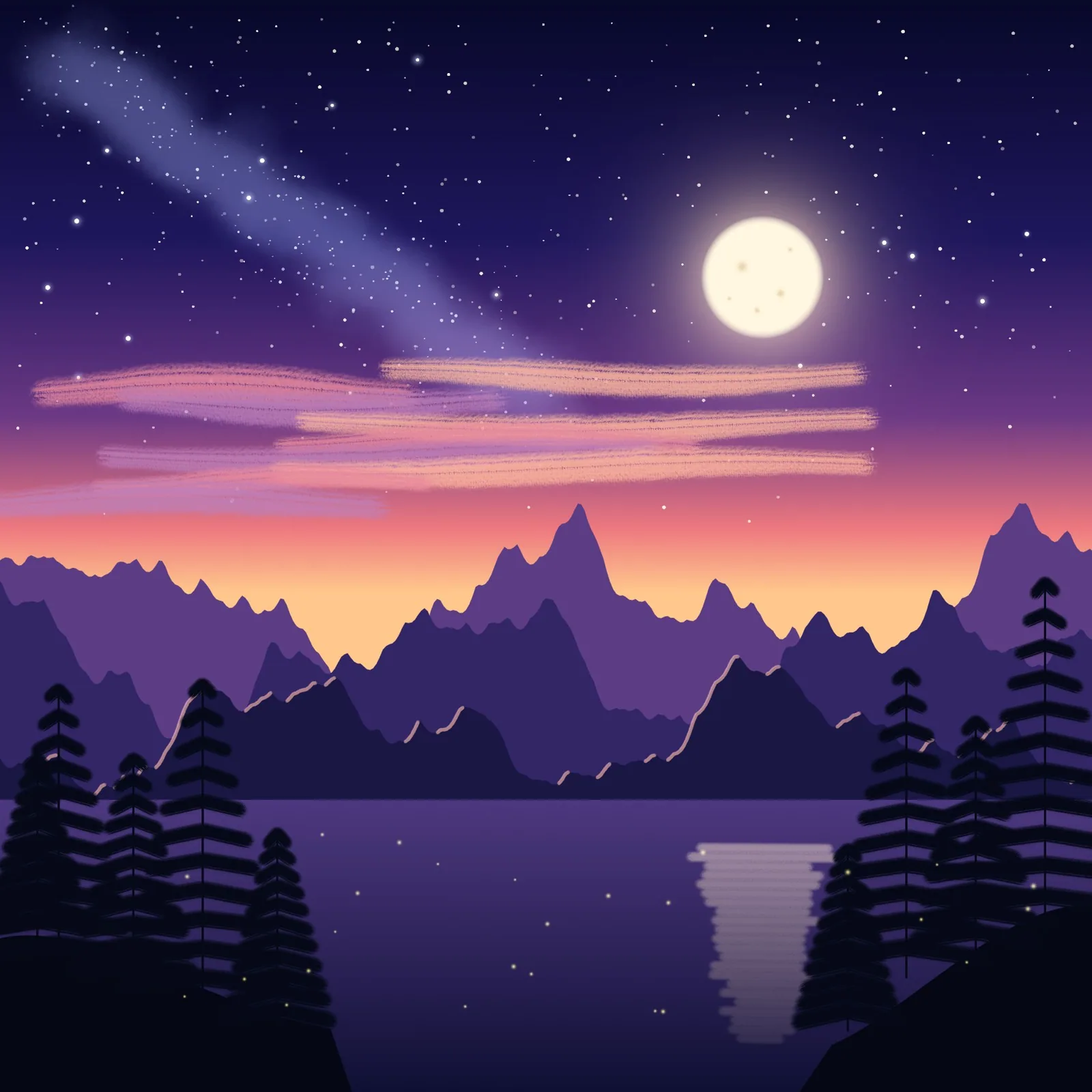 A night landscape made in DM Warp: a full moon over purple mountains and pines, stars and a faint Milky Way above, the moon reflected in a lake