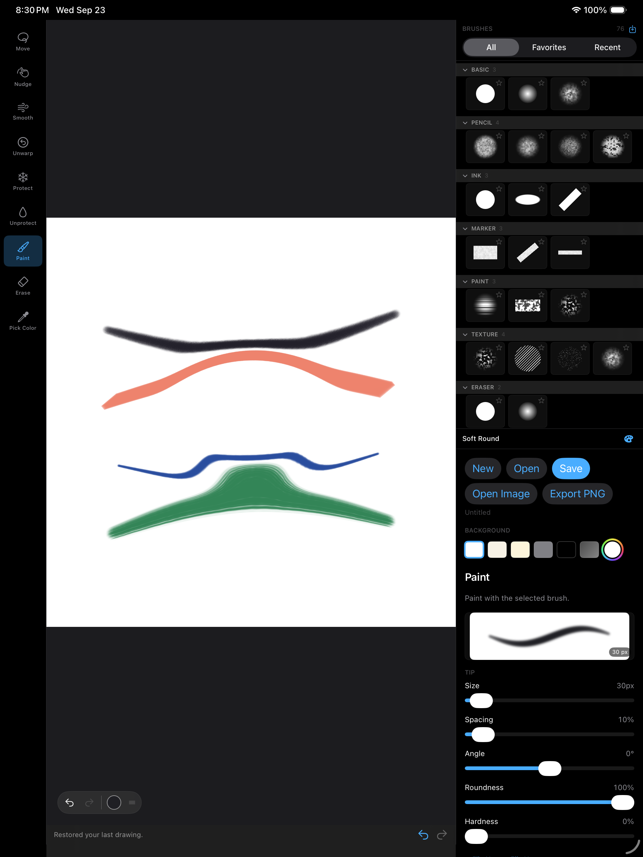 DM Warp on an iPad with four strokes in charcoal, marker, pencil and bristle on a white canvas, the brush library open beside it