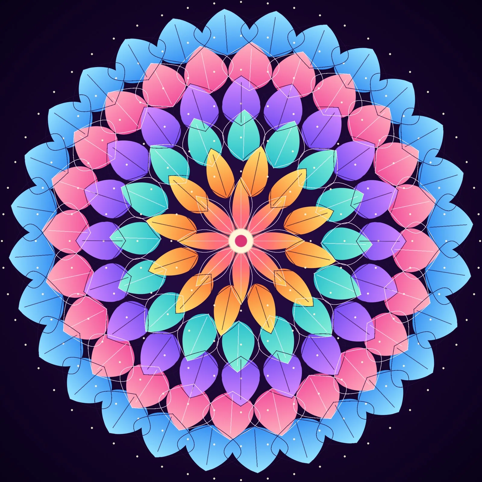 A mandala of overlapping petals in pink, orange, teal, violet and blue on a dark background, made in DM Warp