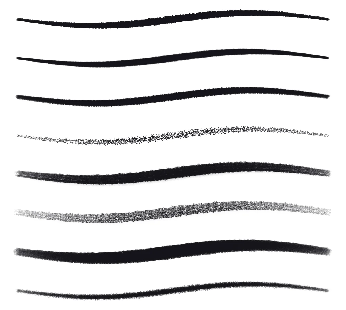 Eight strokes painted in DM Warp with brushes imported from Photoshop, including Kyle Webster's pencils and charcoals, each tapering with pressure