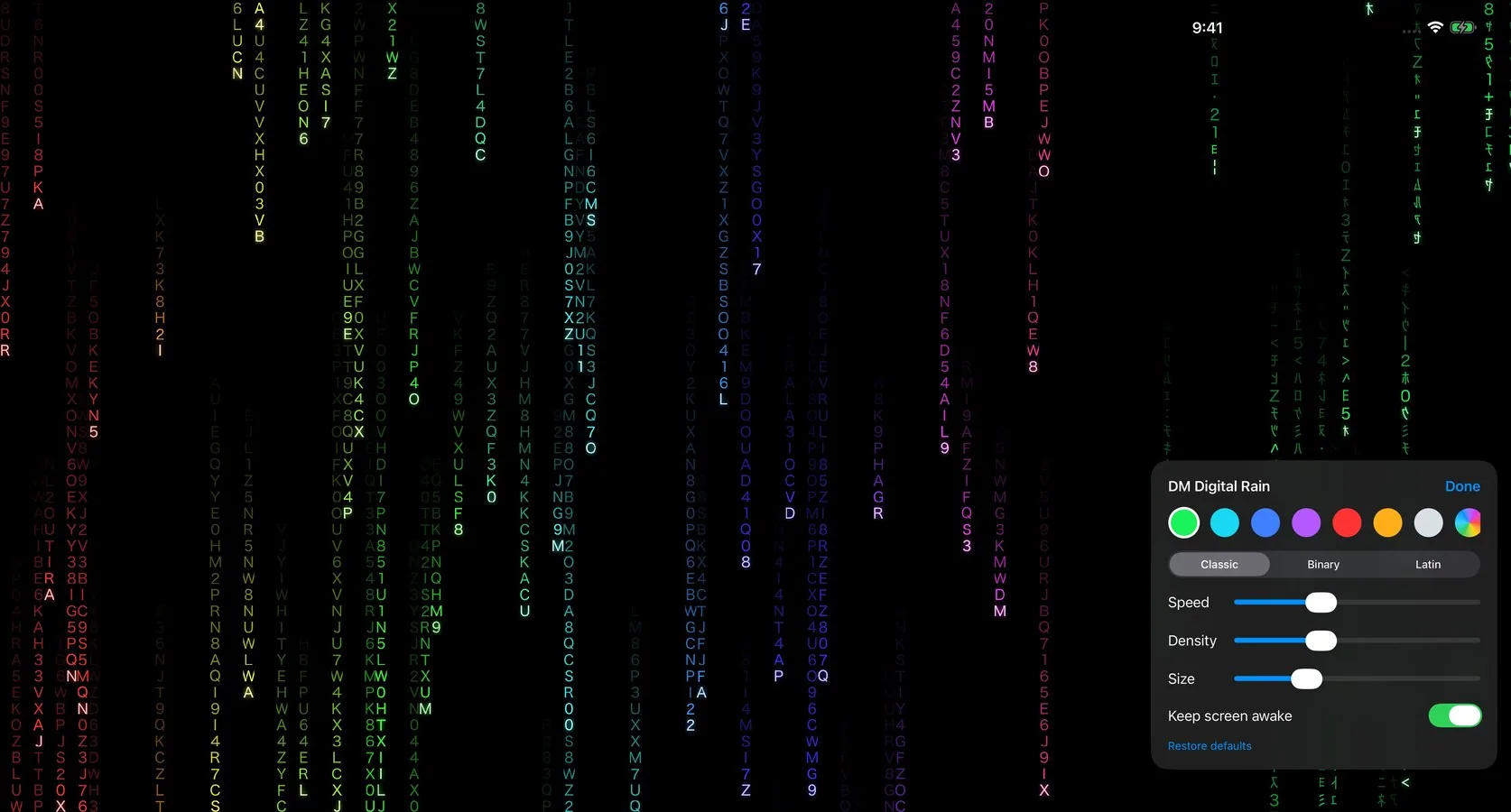 DM Digital Rain on an iPad and on an iPhone with its options panel open