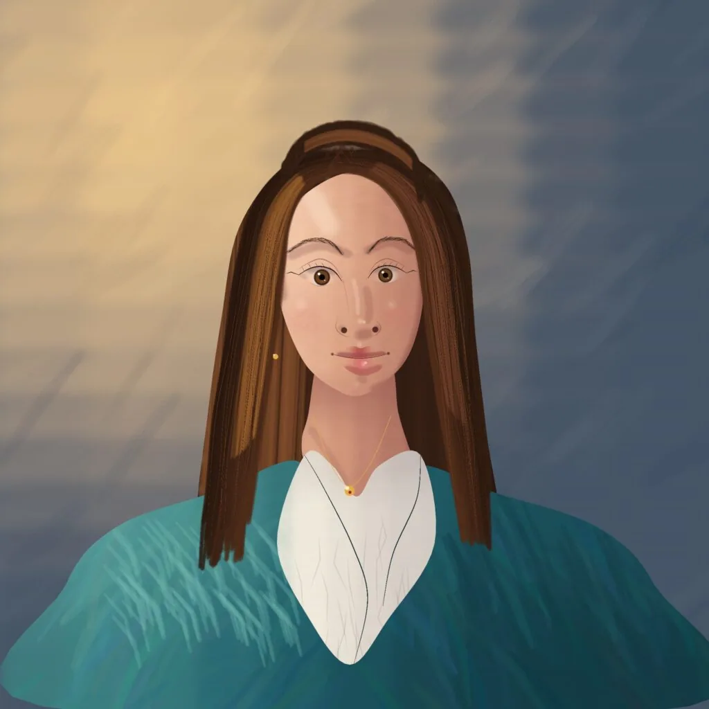 A portrait of a woman with long brown hair in a teal coat and cream blouse, painted in DM Warp
