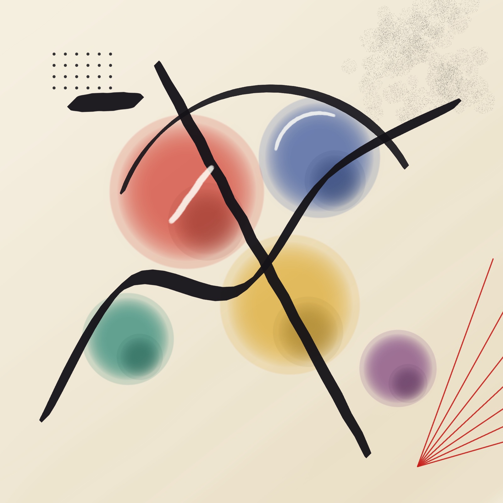 An abstract of translucent red, blue, yellow, teal and violet discs crossed by bold ink strokes