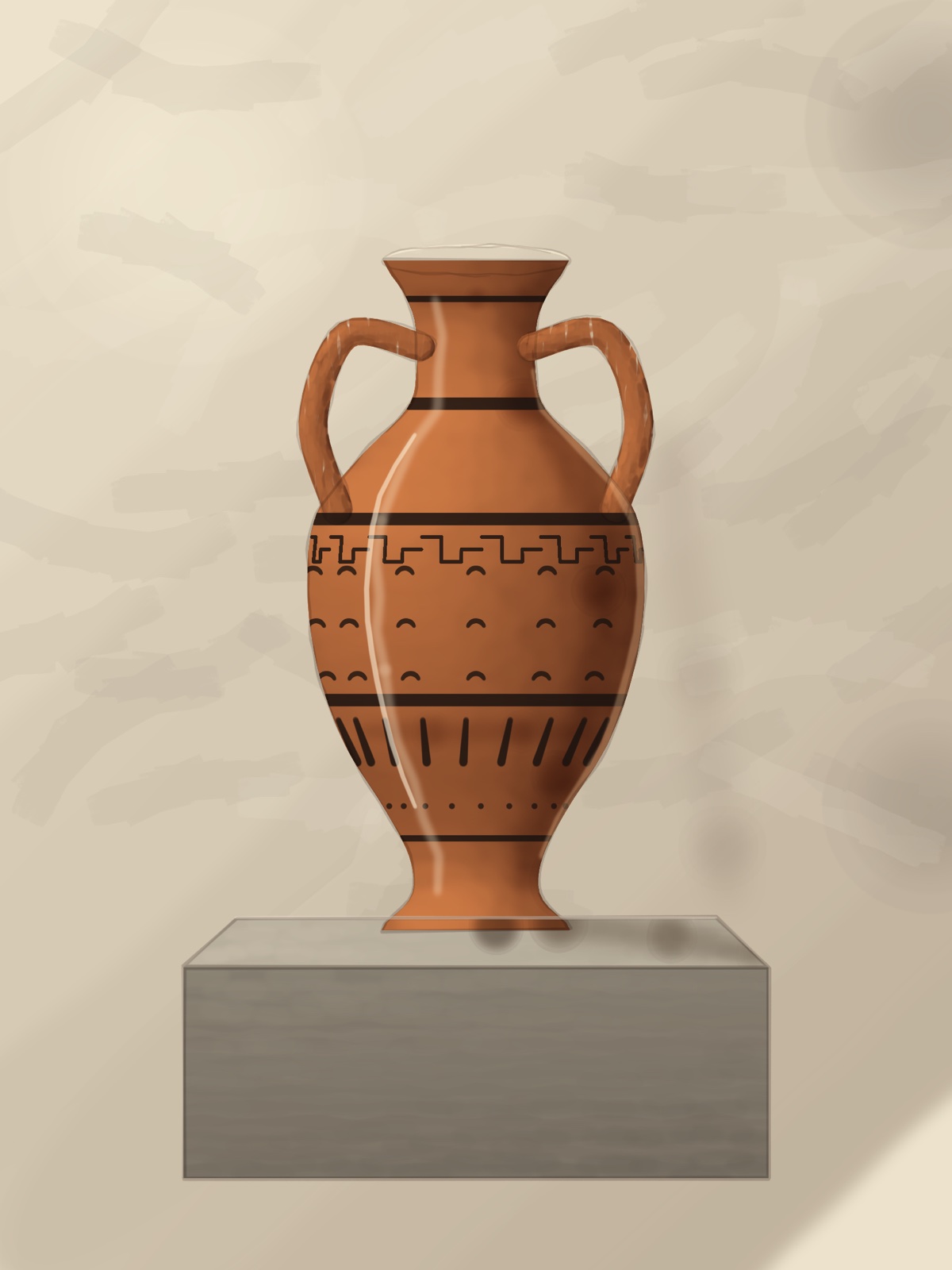 A terracotta Greek amphora with black bands and a key pattern, standing on a stone plinth