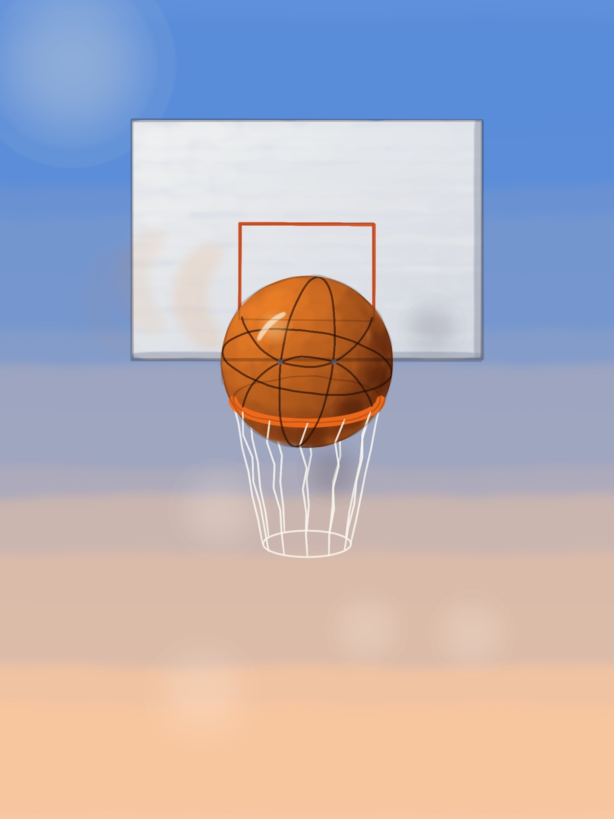 A basketball dropping through the hoop in front of a white backboard