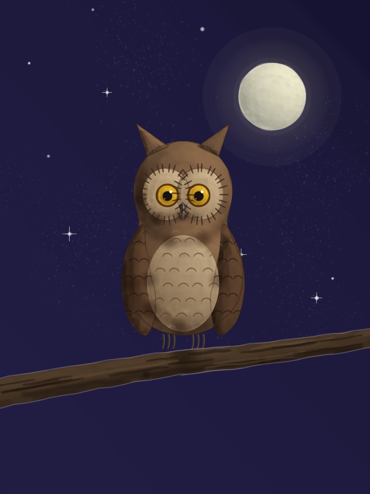 An owl on a branch under a full moon, its yellow eyes catching the light, drawn in DM Warp