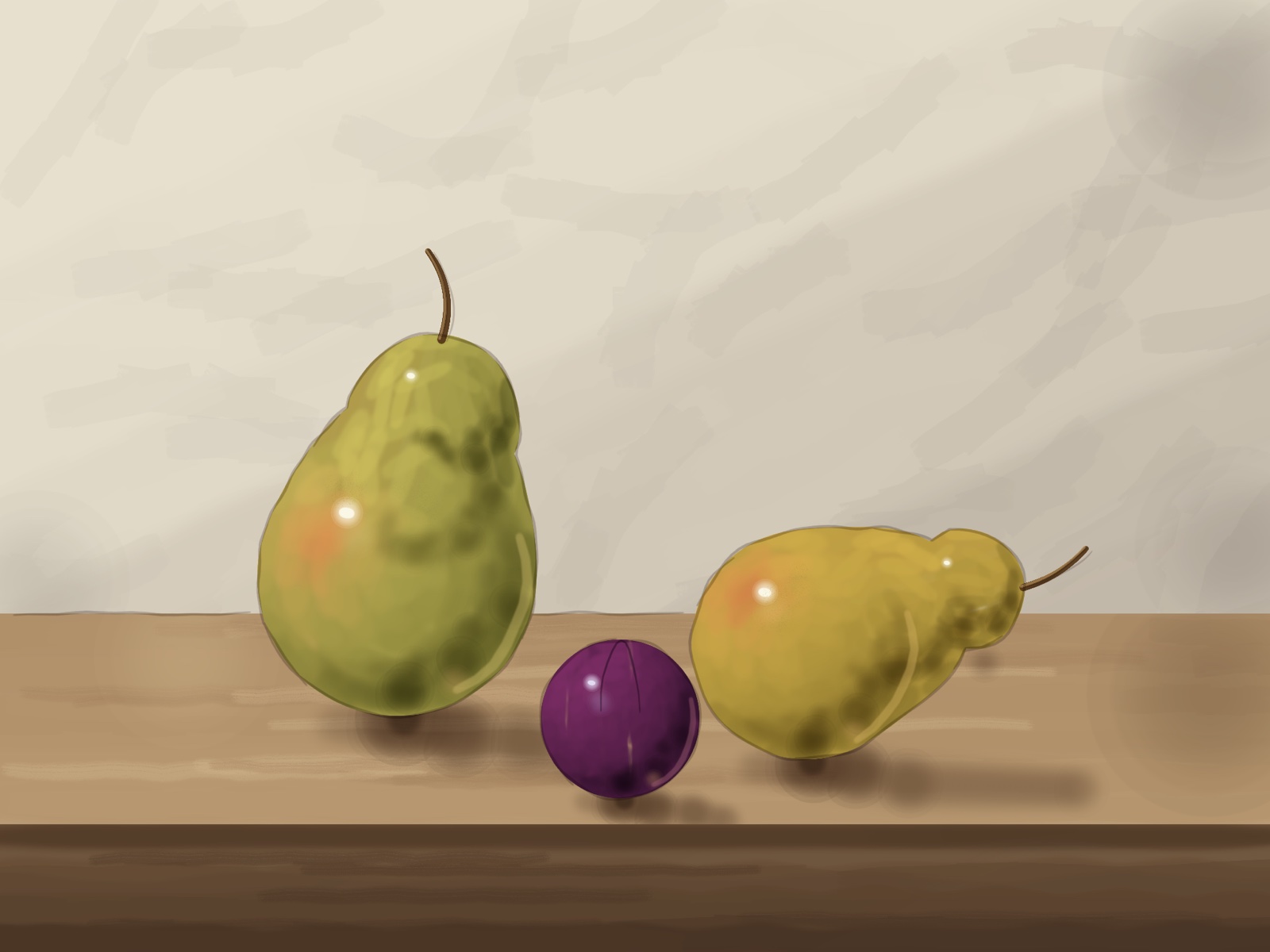 Two pears and a plum on a wooden sill