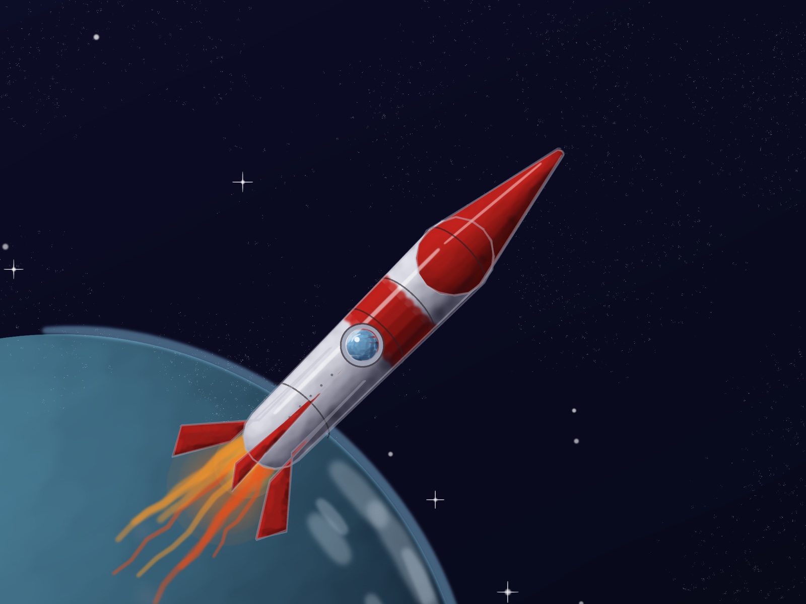 A red and white retro rocket climbing away from a blue planet, flame trailing behind it
