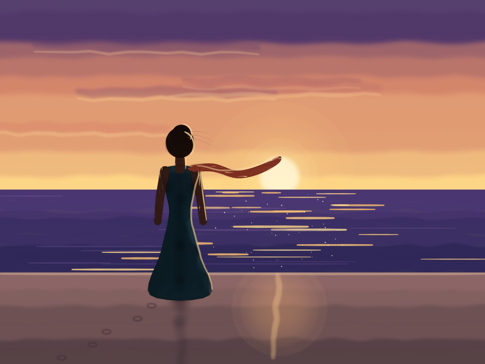 A woman seen from behind at the shore, a scarf in the wind, the sun setting over the sea