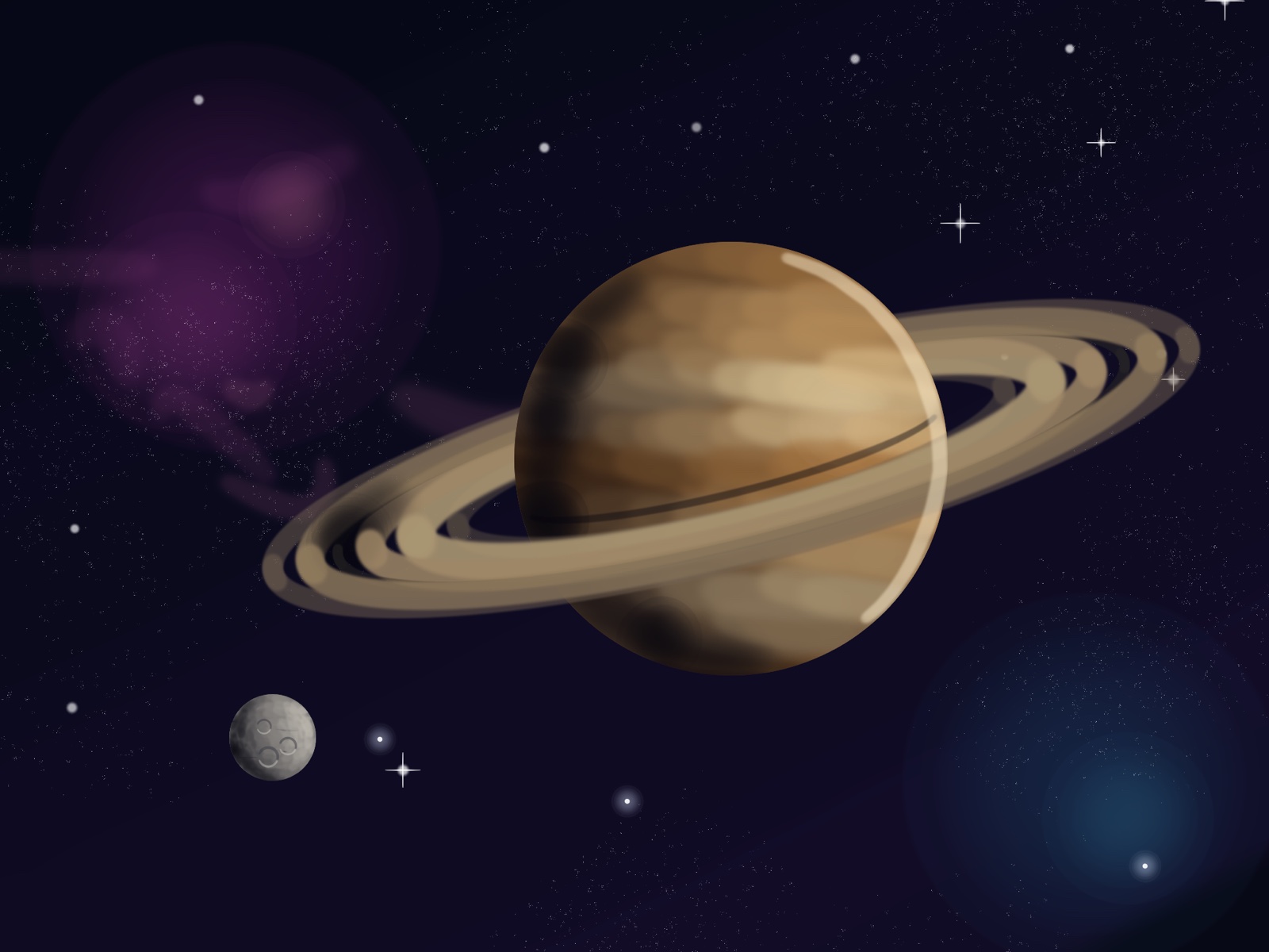 A ringed planet with a small cratered moon, a nebula and stars