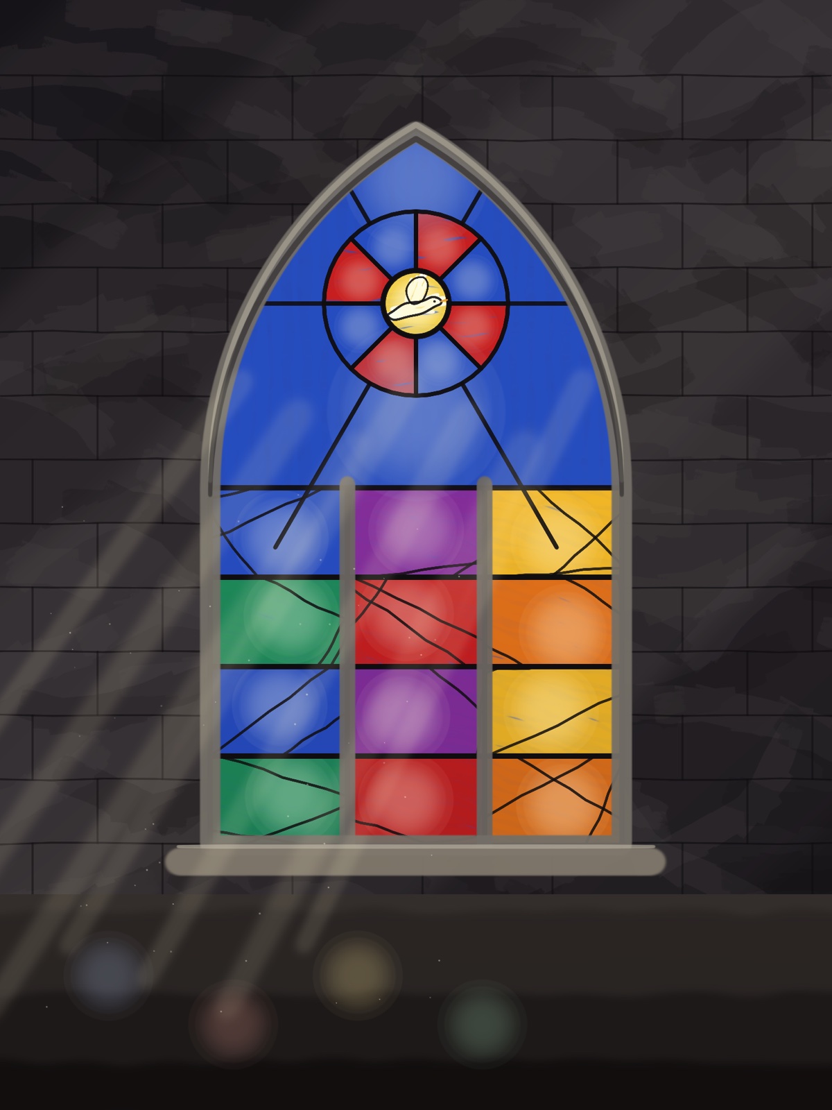 A Gothic stained-glass window with a dove at the centre of its rose, light falling into a stone room