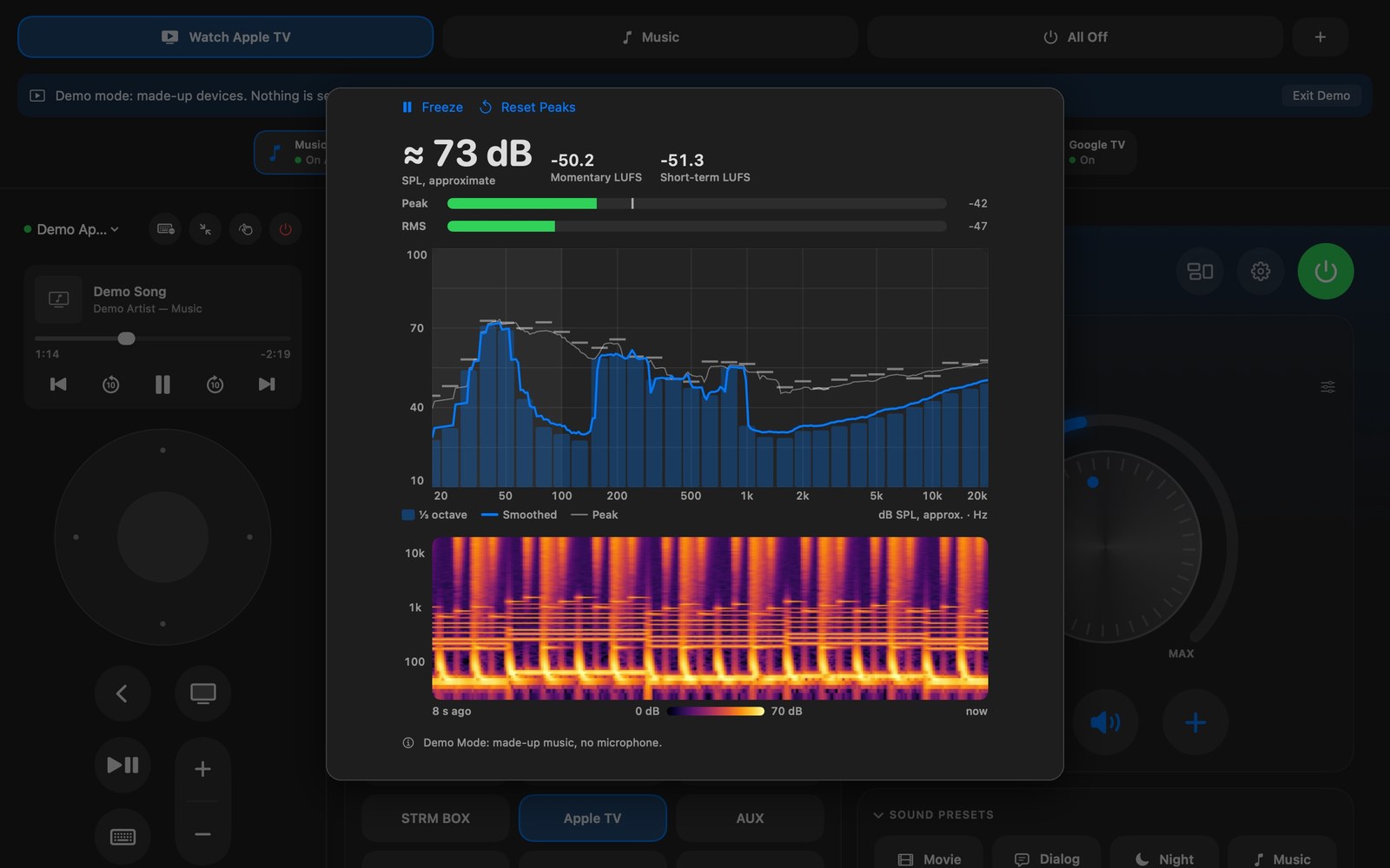 The Analyzer on the Mac: about 73 dB, peak and RMS meters, a third-octave spectrum from 20 Hz to 20 kHz with peak marks, and an 8-second spectrogram