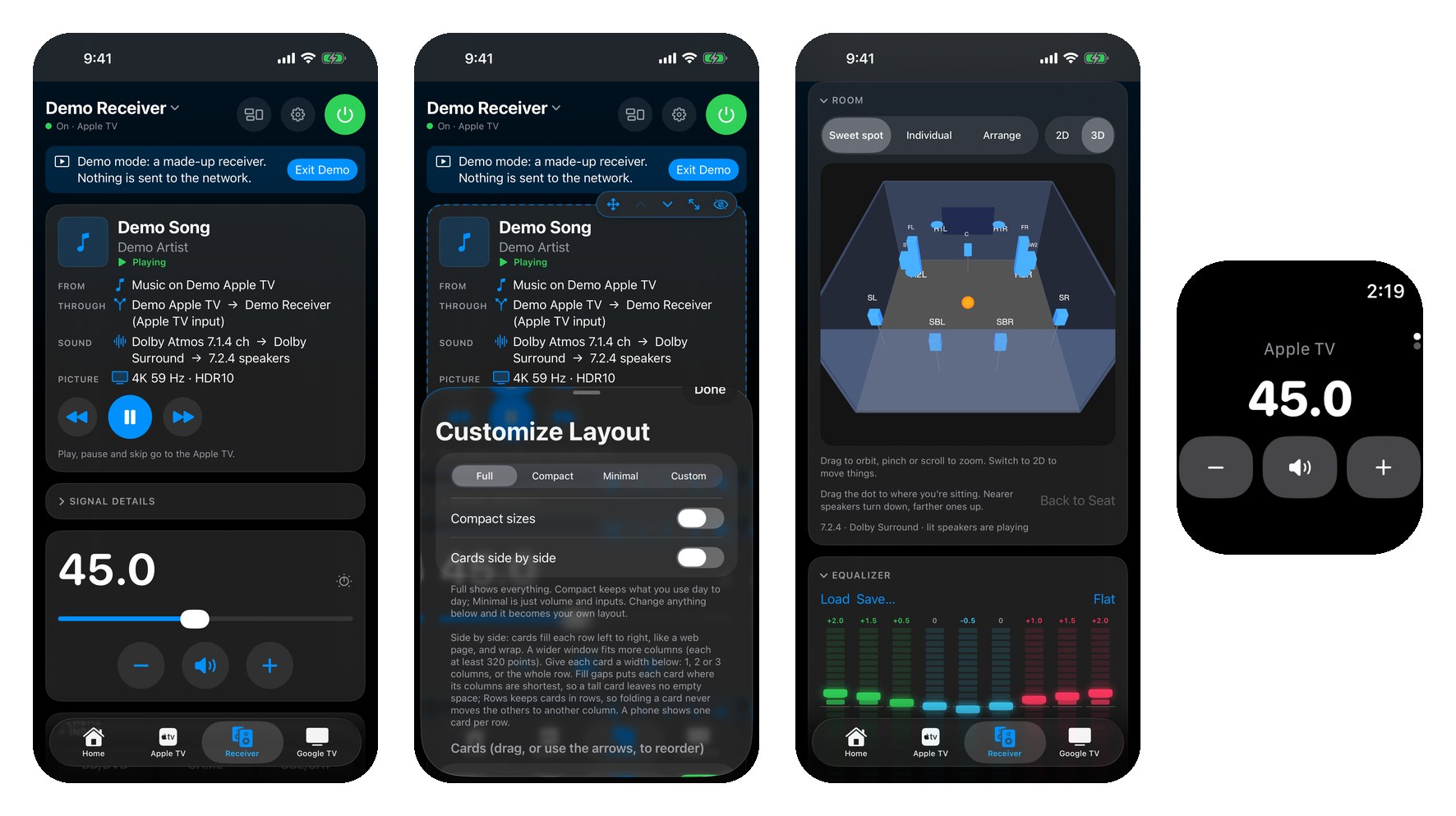 Three iPhone screens (Now Playing, Customize Layout and the 3D room with the equalizer) and the Apple Watch remote