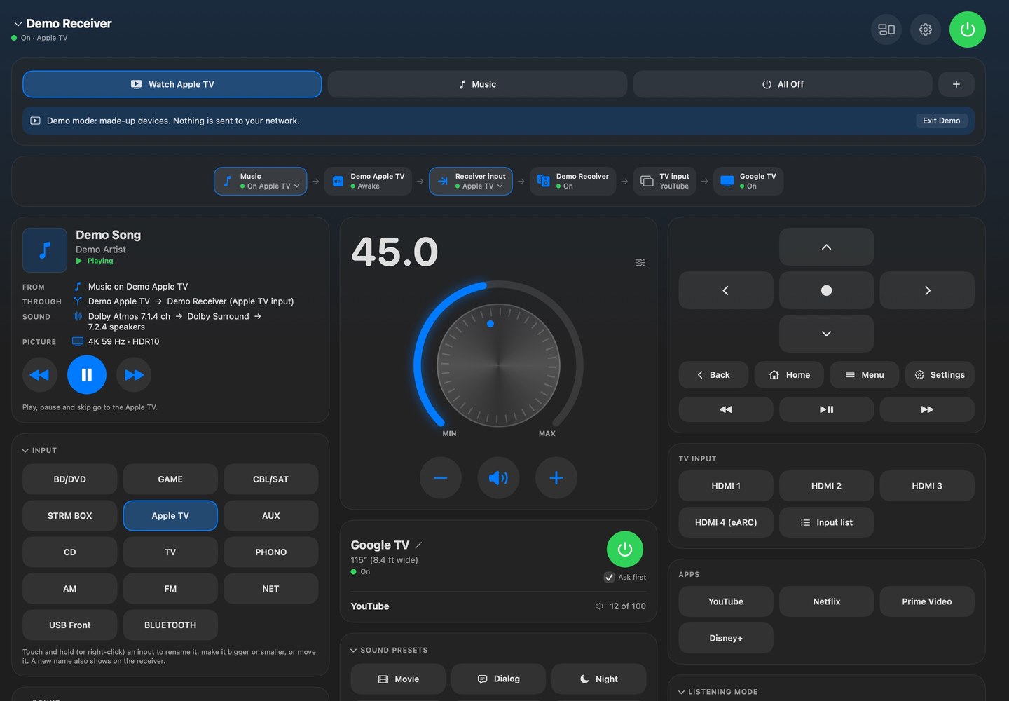 Everything in one panel on the Mac with the Apple TV remote hidden: Now Playing, the receiver's volume and inputs, and the Google TV remote, inputs and apps as cards side by side