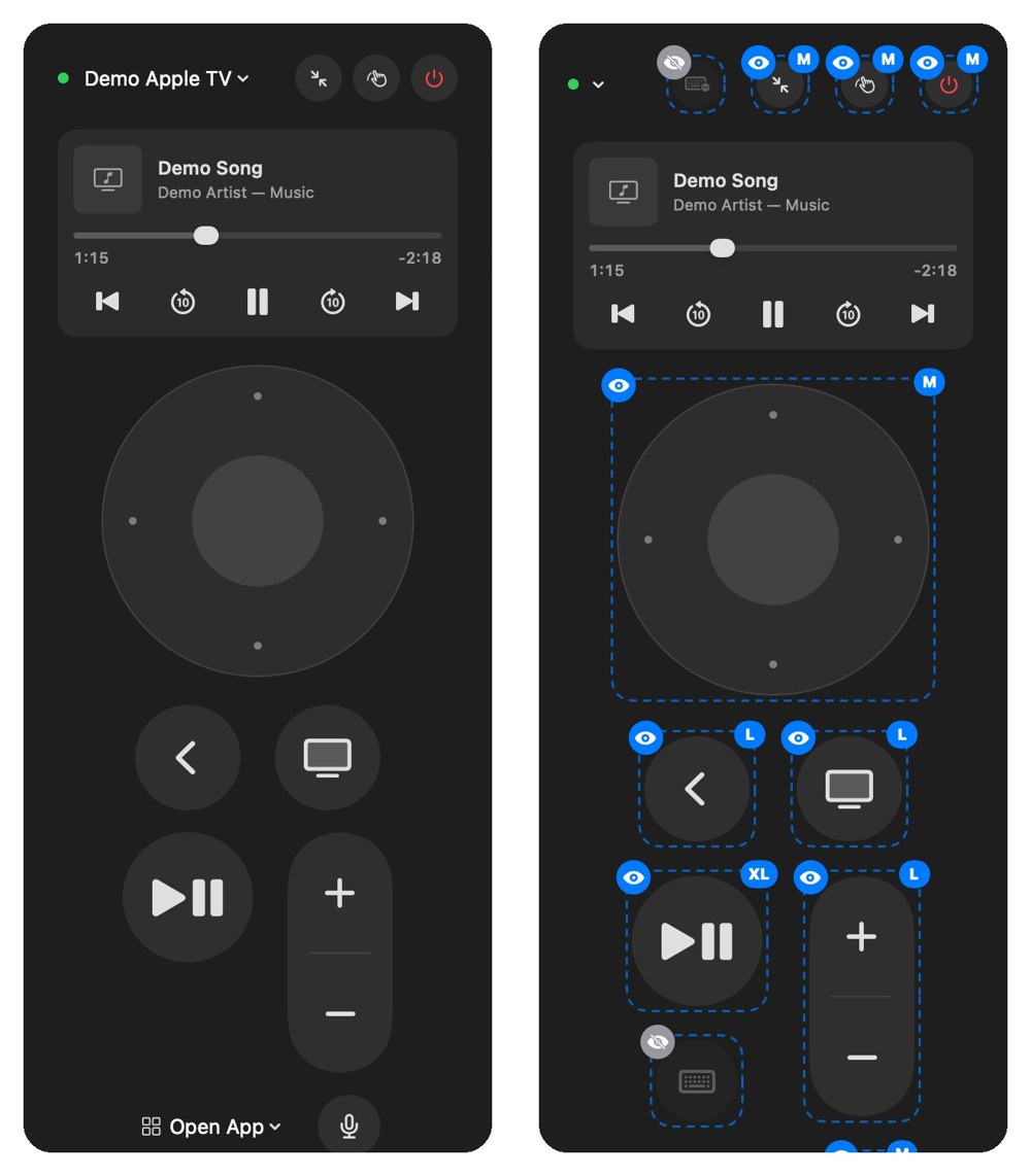 The Apple TV remote twice: on the left with bigger Back, Home, volume and play/pause buttons and the keyboard button hidden; on the right in edit mode with a size badge and a hide button on each control