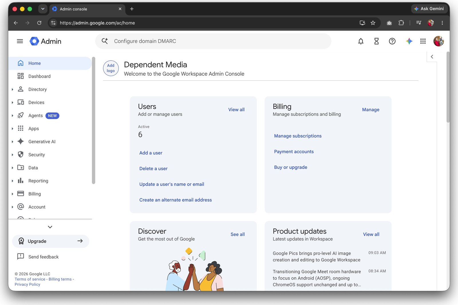 The Google Admin console home page after signing in with an administrator account
