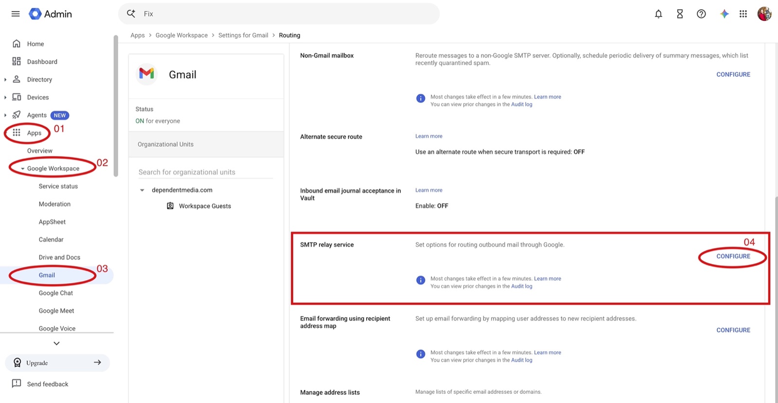 The Routing settings page with the path numbered: 01 Apps, 02 Google Workspace, 03 Gmail, 04 the Configure link on the SMTP relay service row