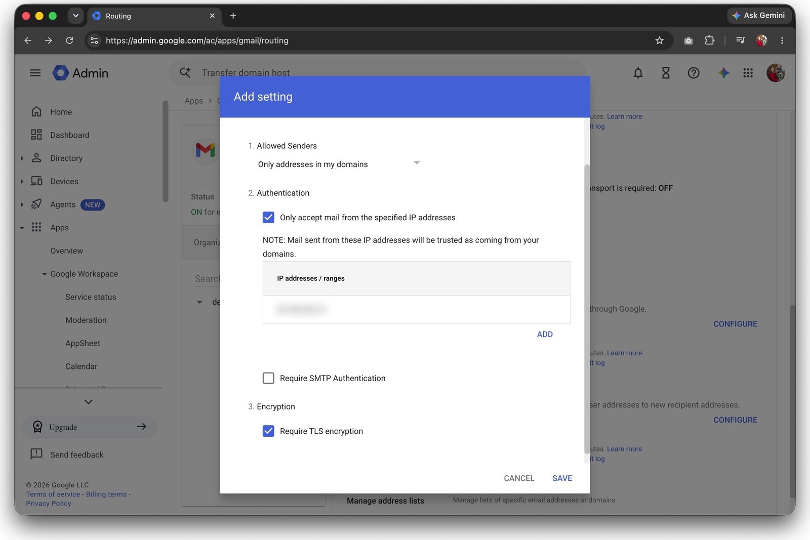 The SMTP relay service form filled in correctly: Only addresses in my domains, the IP restriction enabled, Require SMTP Authentication left unchecked, and Require TLS encryption enabled